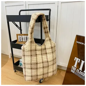 Korean style retro plaid plush tote bag, large capacity soft shoulder bag for women daily commute.