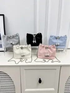 Women Fashion PU Leather Bucket Bag Large Capacity Casual Solid Color Drawstring Shoulder Crossbody Bag With Chain Bow