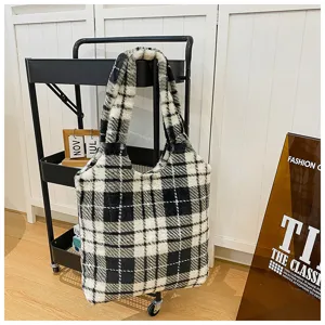 Black and white plaid fluffy tote bag, stylish large capacity shoulder bag for women daily use.