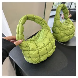 Green Quilted Puffer Cloud Bag Stylish Mini Handbag Trendy Pleated Underarm Bag for Women