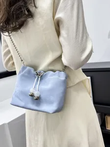 Stylish light blue shoulder bucket bag with silver chain strap and cute butterfly drawstring.