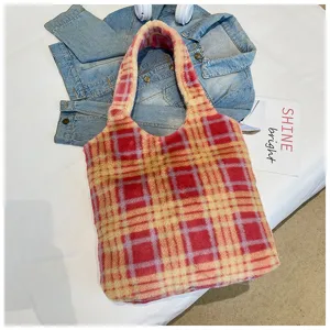Fuzzy plaid tote bag for women, retro casual large capacity shoulder bag for daily commute.