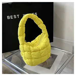 Yellow quilted cloud handbag, trendy pleated underarm mini bag, stylish casual chic purse.