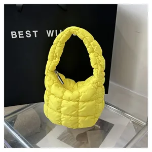 Yellow quilted puffer cloud bag, mini underarm handbag with grid design and zip closure.