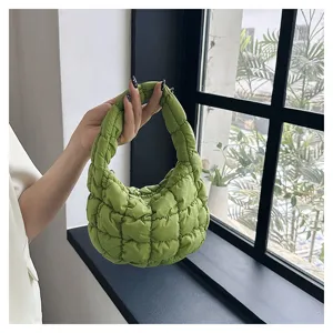 Green quilted puffy cloud handbag, trendy mini crescent underarm bag for daily use.