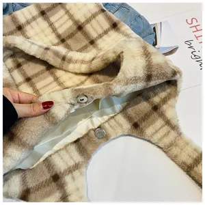 Plaid faux fur shoulder tote bag for women, soft furry commuter handbag with snap button.