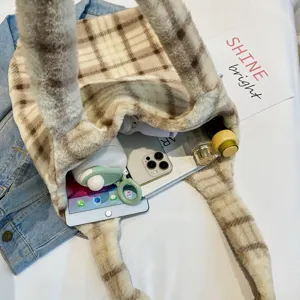 Fluffy plaid tote bag for women, large capacity winter shoulder bag, casual soft handbag.