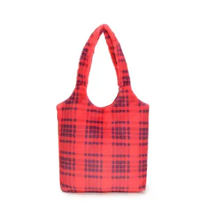 Red plaid plush tote bag for women, large capacity fuzzy shoulder bag for daily commute.