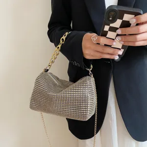 Fashion rhinestone shoulder bag with metallic chain strap, elegant evening handbag for women.