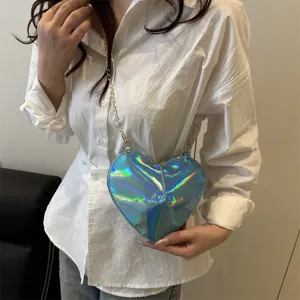 Glossy iridescent heart shaped crossbody bag with chain strap for women fashionable mini bag.
