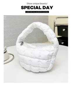 White quilted puffer cloud bag, mini underarm handbag with trendy pleated grid design.
