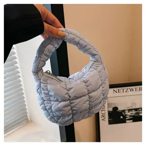 Light blue pleated cloud underarm bag stylish mini handbag down design trendy casual purse.
