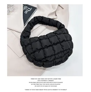Black quilted cloud bag, puffy underarm handbag, minimalist chic mini tote for women.