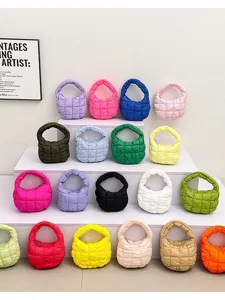 Women Fashion Pleated Plaid Cloud Bag Soft Nylon Quilted Mini Handbag Underarm Tote Bag Daily Matching Purse
