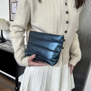 Stylish quilted puffer clutch bag, metallic dark blue padded shoulder bag for women style.