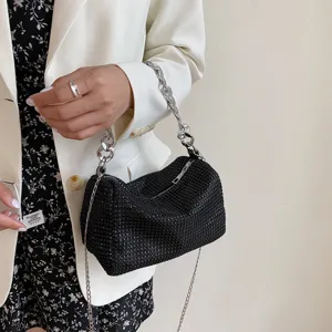 Black rhinestone shoulder bag with chunky chain stylish evening handbag for women.