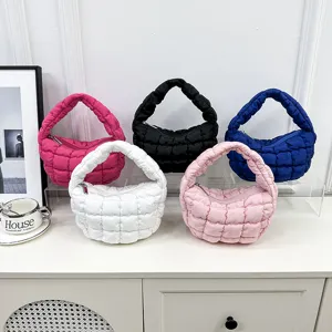 Women Pleated Plaid Cloud Bag Underarm Bag Mini Handbag Fashion Casual Cotton Linen Zipper Tote Bag Daily Purse
