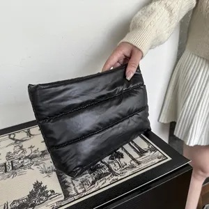 Korean minimalist black quilted clutch bag, soft padded fashion oversized shoulder bag.