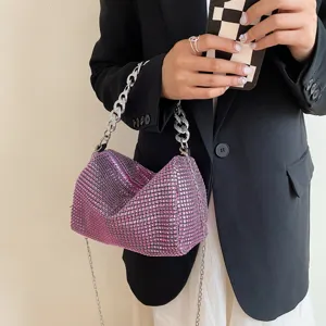 Pink rhinestone evening bag with metallic chain strap for women fashionable accessory