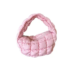 Pink quilted cloud bag, puffer underarm handbag, stylish mini pleated tote for women.