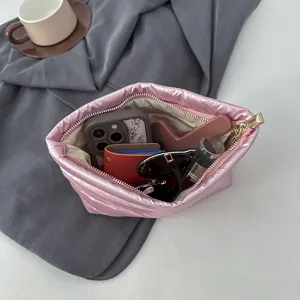 Pink quilted cosmetic bag large capacity portable makeup pouch stylish travel zipper organizer