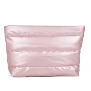 Pink metallic quilted makeup bag, large capacity stylish clutch purse for daily use
