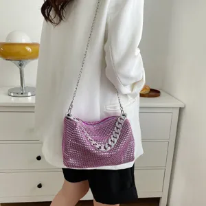 Stylish purple rhinestone crossbody bag with chain strap for women evening party.