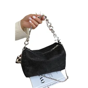 Black rhinestone evening bag with chunky chain, elegant sparkling crossbody handbag for women parties.