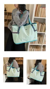 Grand sac cabas décontracté pour femme, sac bandoulière de voyage bicolore élégant avec sangles réglables.