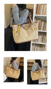 Vue détaillée du grand sac cabas colorblock, parfait pour le voyage et le rangement.