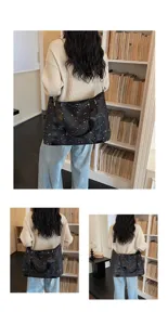 Detail view of the lightweight black star-patterned travel shoulder bag and tote.