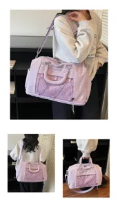 Large capacity purple travel duffel bag with mesh pocket, shoulder strap, and fitness use.