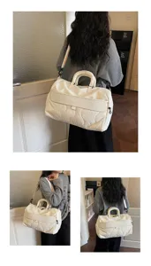 Women large capacity travel duffel bag lightweight quilted gym bag with strap creamy white