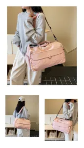 Pink quilted travel duffel bag for women, large capacity gym bag with shoulder strap.
