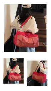 Large capacity red plaid travel duffel bag with shoulder strap and handles for women fitness.