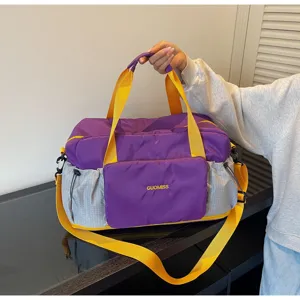 Large capacity travel gym bag with wet and dry separation, purple and yellow design.
