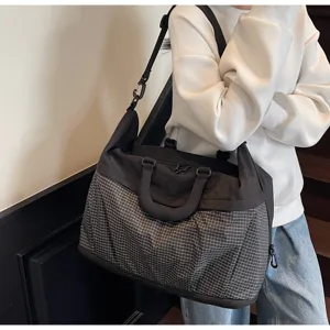 Lightweight large capacity travel duffel bag with checkered pattern, perfect for gym and short trips.