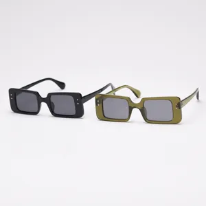 Detailed view of stylish retro square polarized sunglasses in black and olive green colors.