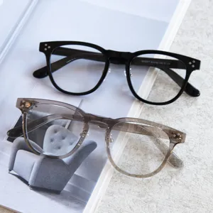 Detail shot of retro TR90 optical glasses frames in black and grey for men and women.