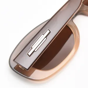 Detailed view of brown gradient sunglasses temple with metal accent for trendy street wear.