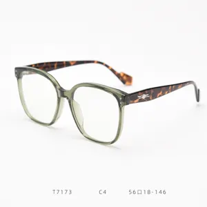 Detailed view of large frame optical glasses with olive green front and tortoiseshell temples.