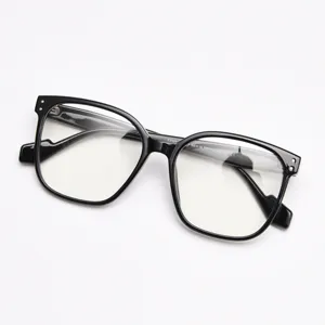 Detailed view of black square optical glasses frame showcasing temple size and clean design style.