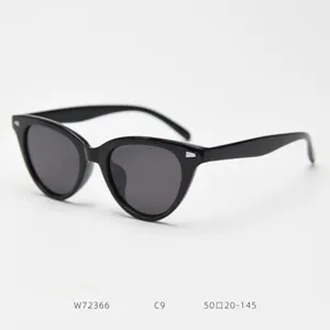 Detail view of black cat-eye polarized sunglasses, TR90 frame, retro street style eyewear.