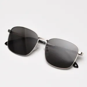 Metal square frame sunglasses detail view, trendy vintage sun eyewear for men and women.