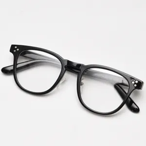 Close-up detail of retro black optical glasses frame, TR90 material with rivet accents.