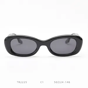 Detailed view of trendy black oval small frame polarized sunglasses with clean smooth finish.