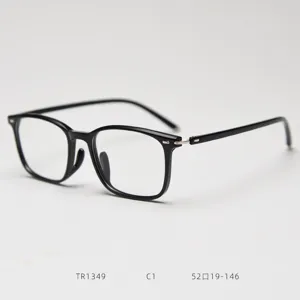 Detail view of lightweight TR90 optical glasses frame in black, modern retro style.