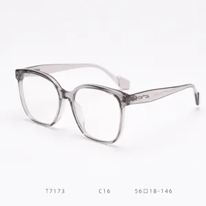 Clear grey optical glasses frame detail, large square frame design, modern eyewear show.