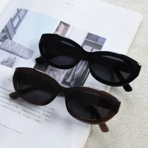 Detailed view of retro small oval cat-eye sunglasses in black and brown, featuring TR90 frame design.