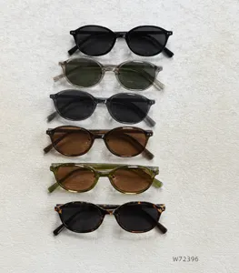 Detailed view of trendy small oval polarized sunglasses in multiple colors and finishes.